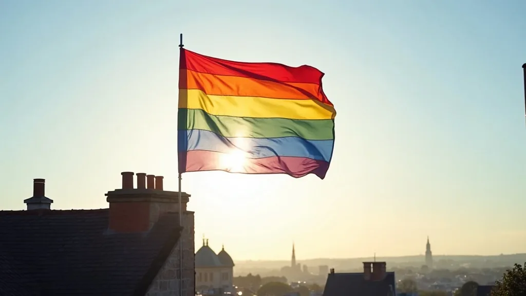 grand drapeau arc-en-ciel flottant sur un toit dans le ciel matinal a Limoges