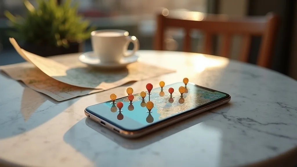 smartphone aux épingles de carte sur une table de café ensoleillée a Limoges