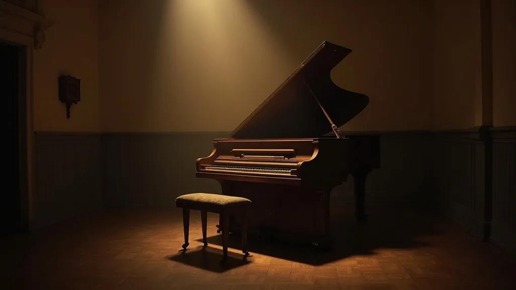 piano droit usé au clavier ouvert dans un coin de salle, lumière chaude tamisée a Limoges