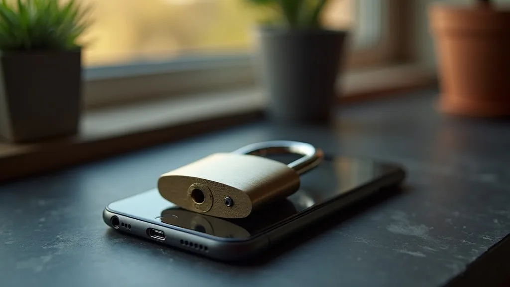 cadenas en acier brossé fermé sur un smartphone face cachée sur ardoise a Limoges
