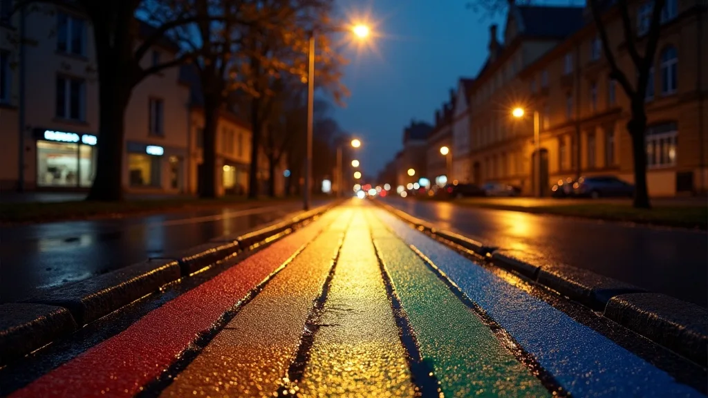 passage piéton arc-en-ciel mouillé sous un lampadaire la nuit a Limoges