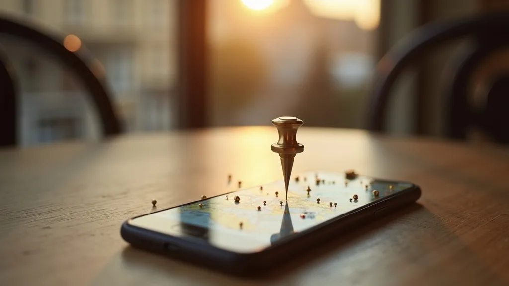 épingle de carte en laiton sur un smartphone aux épingles de carte, table de café a Limoges