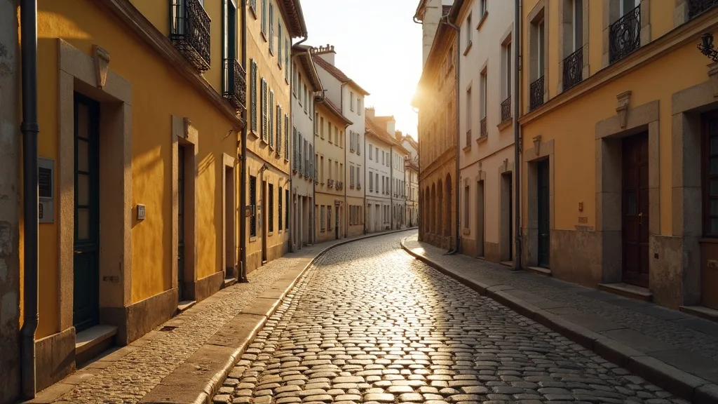 rue paveee bordee de facades pastel, lumiere doree du soir a Limoges
