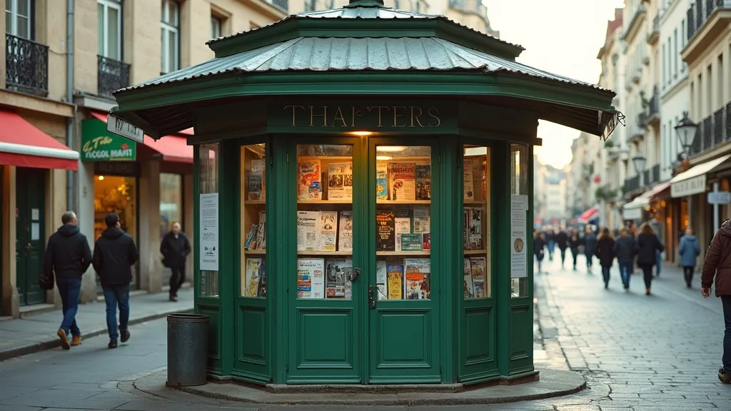 kiosque a journaux aux volets verts, lumiere du matin a Limoges