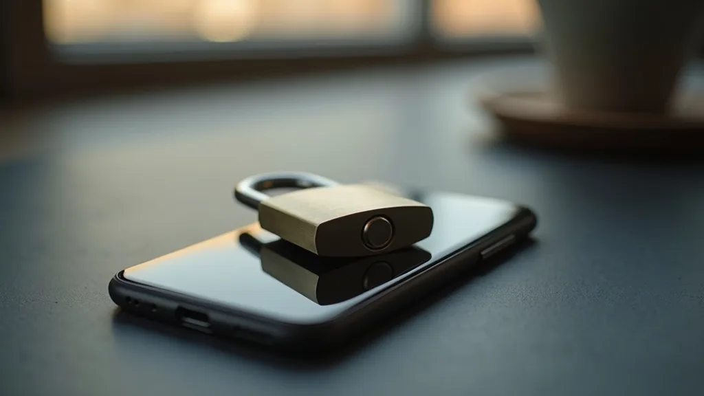 cadenas en acier brossé fermé sur un smartphone face cachée sur ardoise a Limoges