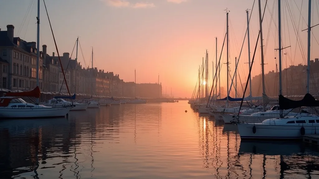 quai de port au crépuscule, voiliers amarrés et reflets sur l'eau calme a Limoges