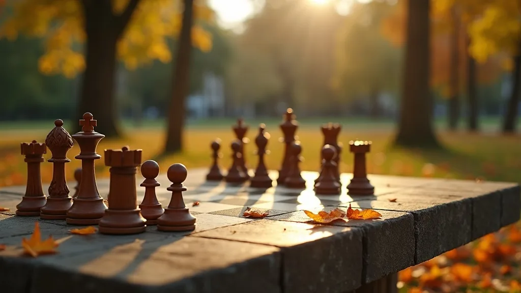 échiquier de parc en pleine partie, feuilles d automne sur la pierre a Limoges