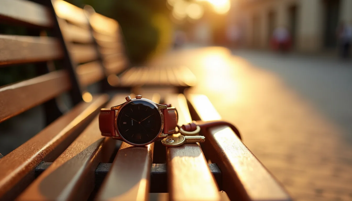 montre connectée or rose et porte-clés laiton sur bois au soleil a Limoges