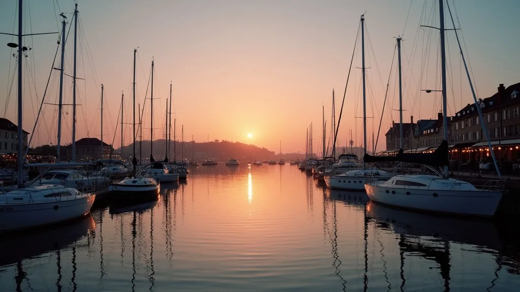 quai de port au crépuscule, voiliers amarrés et reflets sur l'eau calme a Limoges