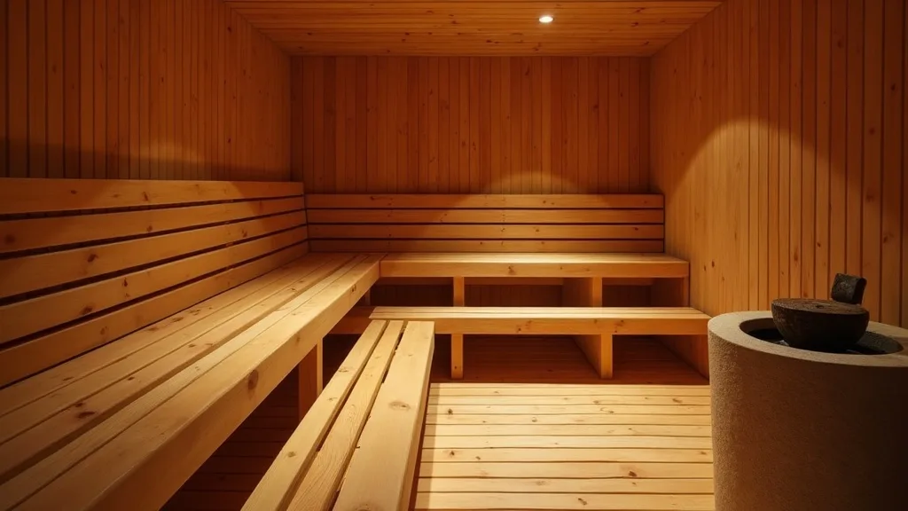 intérieur de sauna en cèdre, bancs de bois lisse et louche sur poêle de pierre a Limoges