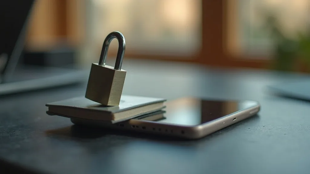 cadenas en acier brossé fermé sur un smartphone face cachée sur ardoise a Limoges