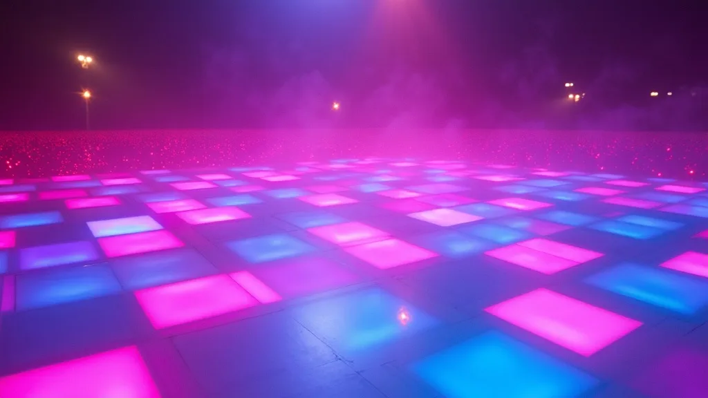 piste de danse au néon, carrés réfléchissants magenta et cyan a Limoges