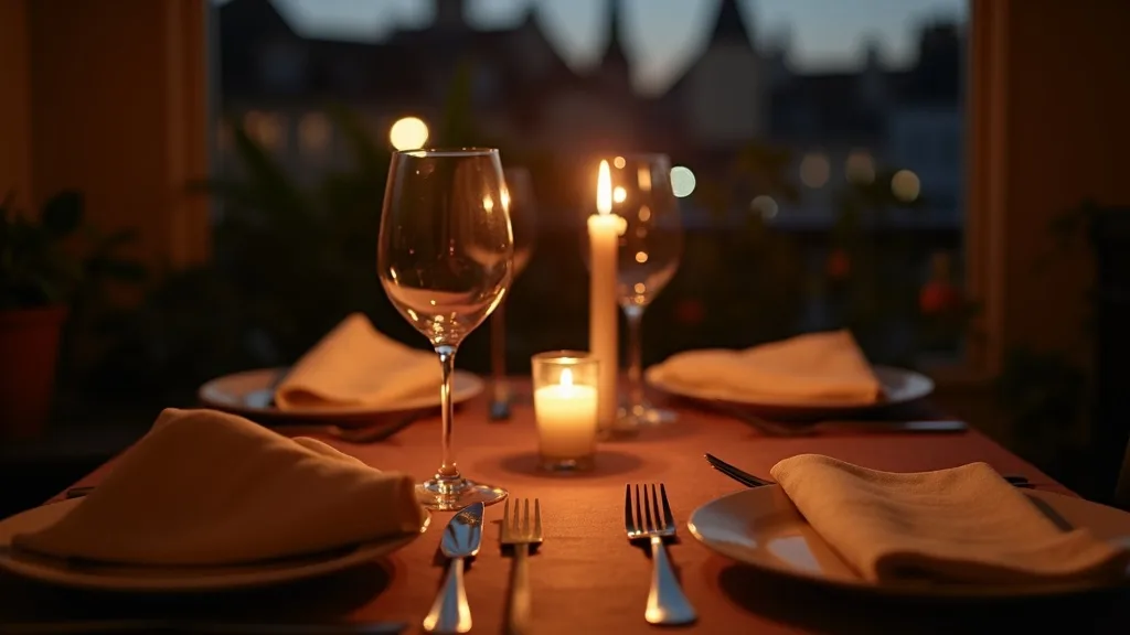 table de dîner aux chandelles dressée pour deux, lumière chaude du soir a Limoges